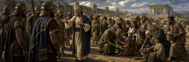 Prophet Oded confronting warriors as families receive clothing, food, and sandals